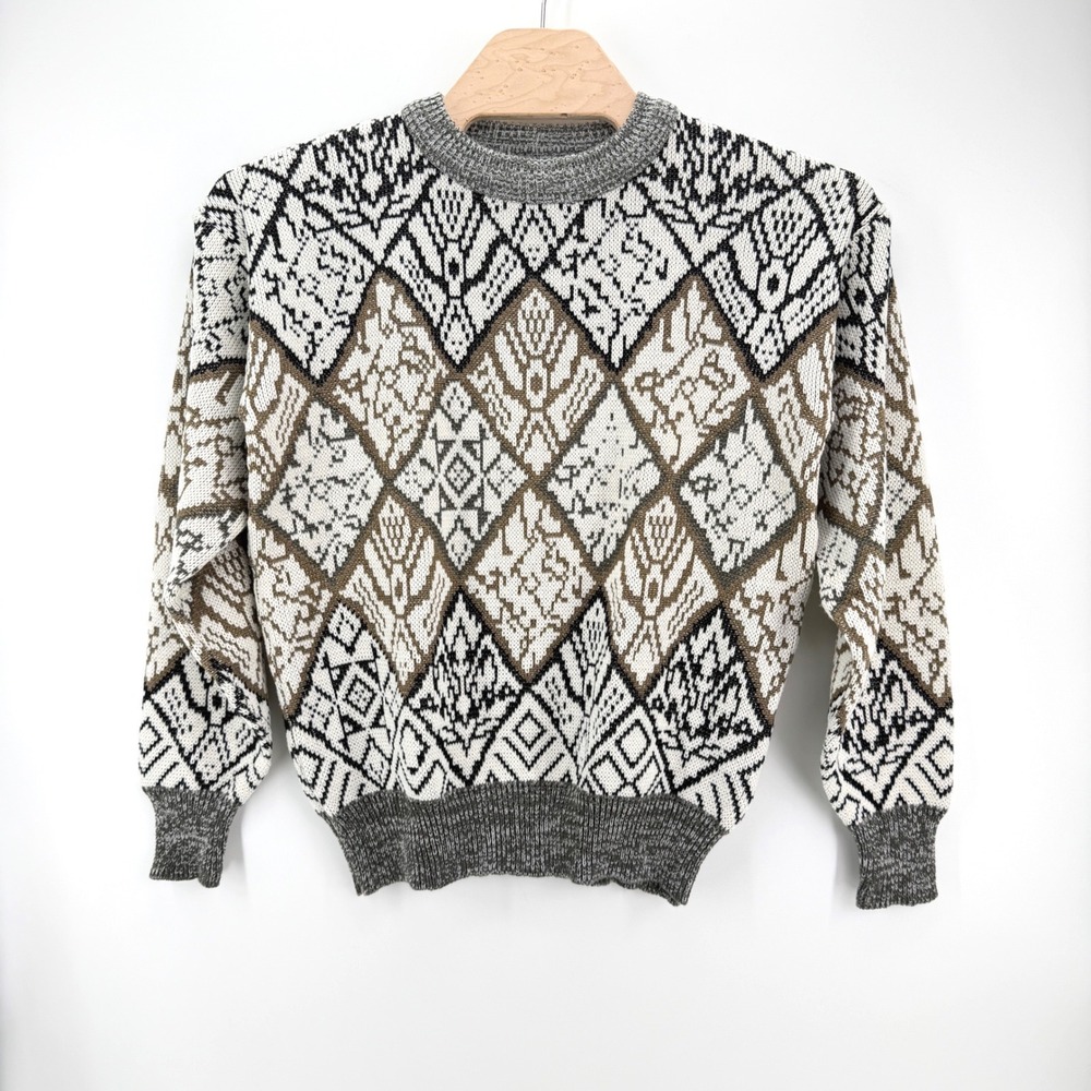 Vintage 90s Sweater Mens L Grey Geometric Intarsia Knit Whitefish Bay Crewneck